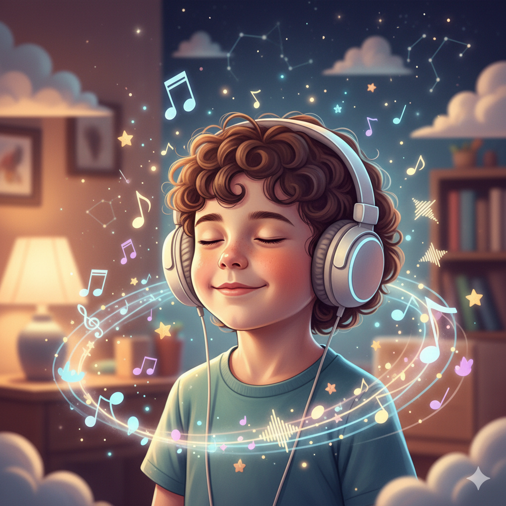 A child listening to stories with headphones on, surrounded by musical notes and stars.